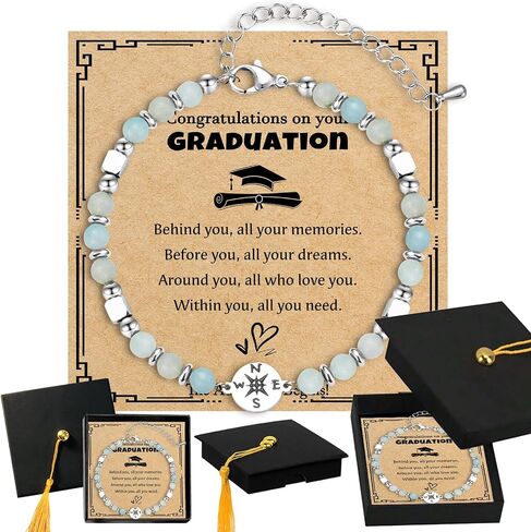 2026 Graduation Gift for Her, Natural Stone Compass Bracelets Gift for Class of 2026, with Unique Grad Cap Box and Gift Card, Adventure Begins Gifts, for Primary Middle School High School College Grads in Saudi Arabia