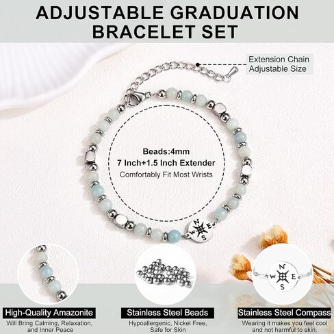 2026 Graduation Gift for Her, Natural Stone Compass Bracelets Gift for Class of 2026, with Unique Grad Cap Box and Gift Card, Adventure Begins Gifts, for Primary Middle School High School College Grads in Saudi Arabia