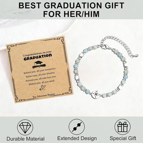 2026 Graduation Gift for Her, Natural Stone Compass Bracelets Gift for Class of 2026, with Unique Grad Cap Box and Gift Card, Adventure Begins Gifts, for Primary Middle School High School College Grads in Saudi Arabia