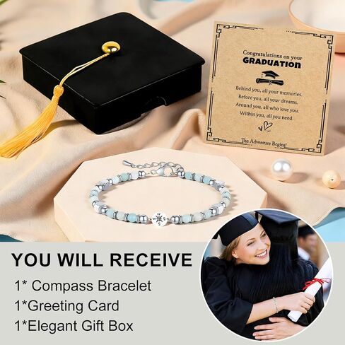 2026 Graduation Gift for Her, Natural Stone Compass Bracelets Gift for Class of 2026, with Unique Grad Cap Box and Gift Card, Adventure Begins Gifts, for Primary Middle School High School College Grads in Saudi Arabia