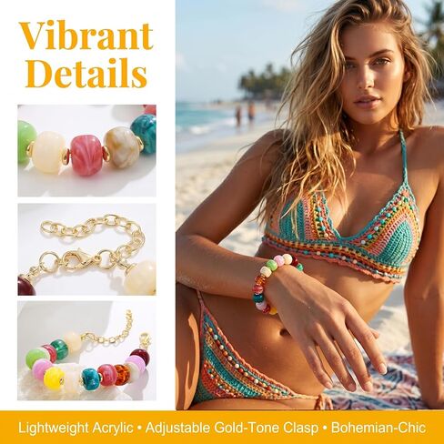 Boho Chunky Beaded Strand Bracelet for Women - Multicolor Acrylic Resin Beaded Bracelet, Adjustable Stackable Statement Jewelry for Summer Festivals in Kuwait