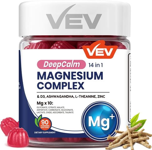 VEV Deep Calm Magnesium Complex 14-in-1 Gummies – 90 Count (Pack of 1) – with D3, Ashwagandha, L-theanine, Zinc – No Added Sugar Vegan Glycinate Gummies – Magnesium Complex for Women and Men in Saudi Arabia