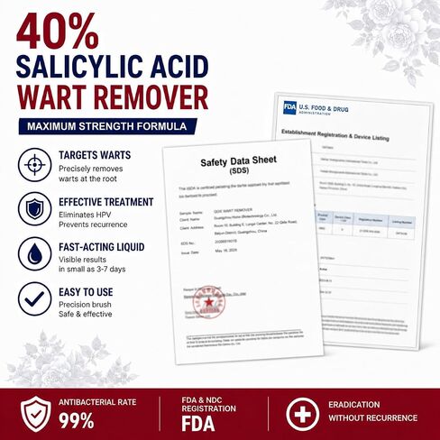 40% Salicylic Acid Wart Remover Liquid for Feet & Body, Maximum Strength Plantar Wart Remover for Feet, Fast-Acting Wart Remover for Common, Flat & Foot Warts, Easy-to-Use Wart Remover Liquid in Kuwait