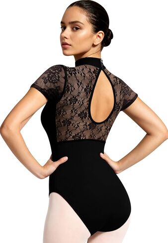 ZILANZI Women Mock Neck Lace Short Sleeve Ballet Leotard, Water-Drop Hollow Back Dancewear in Saudi Arabia