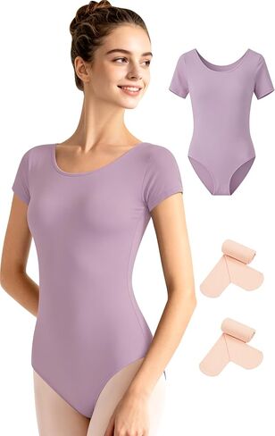 Women's Team Basic Black Dance Leotard for Ballet, Short Sleeve, 2 Pcs Ballet Tights in Saudi Arabia