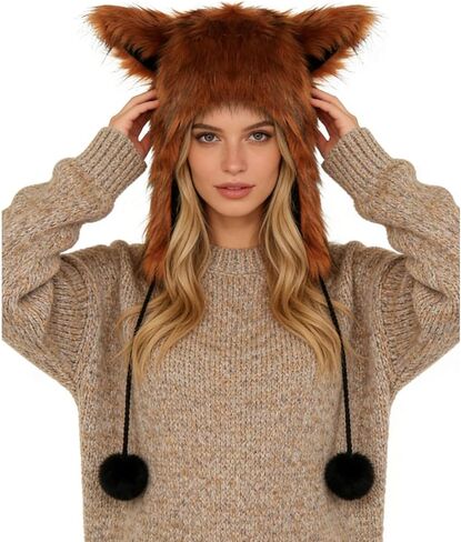 PURFUN Fuzzy Faux Fur Full Hood Trapper Hats with Animal Ear, Adults Halloween Cosplay Roleplay Cat Wolf Ear Hooded Hats in Kuwait