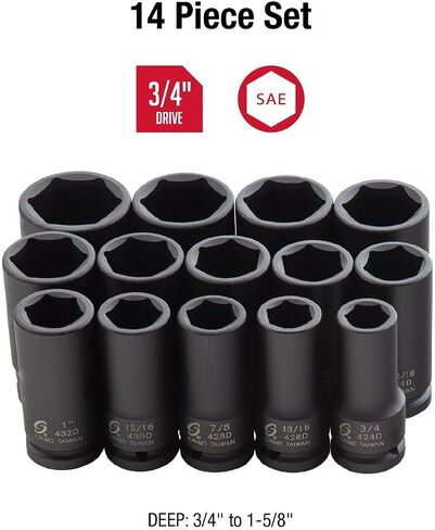 SUNEX TOOLS 4638, 3/4 Inch Drive Deep Impact Socket Set, 14-Piece, SAE, 3/4" - 1-5/8", Cr-Mo Alloy Steel, Radius Corner Design, Dual Size Markings, Heavy Duty Storage Case in Saudi Arabia
