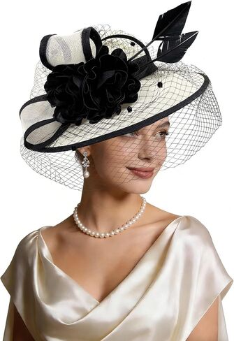 Kgromfy Women Fascinator Hat Large Tea Party Hat Wide Brim Church Hat with Veil Luxury Fancy Hat for Derby Wedding in Saudi Arabia