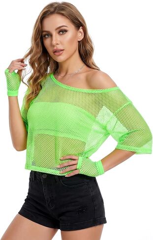 80s Neon Shirts for Women, Fishnet Top with Fishnet Gloves Women Casual Sexy 80s Costumes Suitable for Masquerade Disco Party (Green) in Kuwait