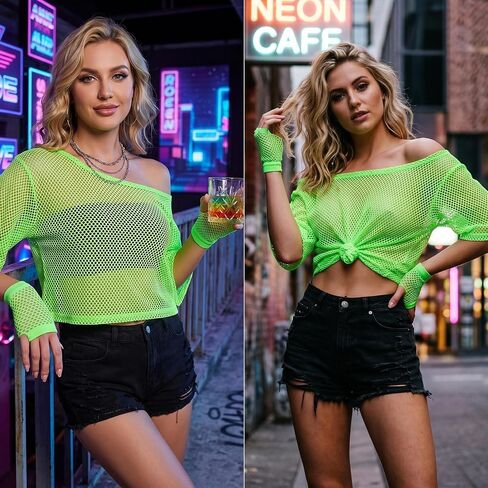 80s Neon Shirts for Women, Fishnet Top with Fishnet Gloves Women Casual Sexy 80s Costumes Suitable for Masquerade Disco Party (Green) in Kuwait