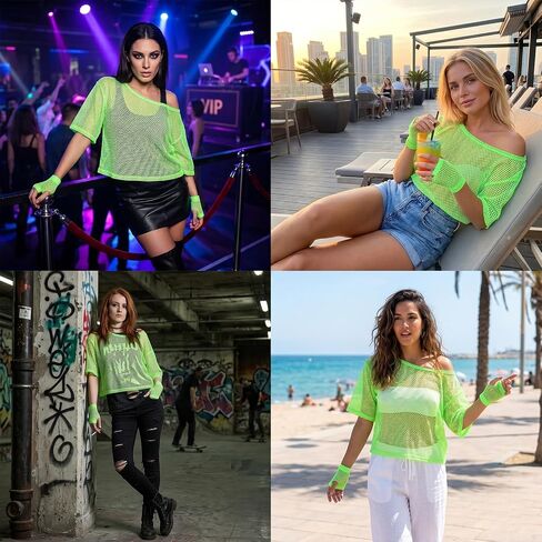 80s Neon Shirts for Women, Fishnet Top with Fishnet Gloves Women Casual Sexy 80s Costumes Suitable for Masquerade Disco Party (Green) in Kuwait