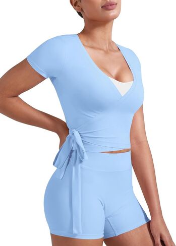 YEOREO Ease Women Pilates Wrap Top Short Sleeve Tie Ballet Shirt Y2k Deep V Neck Yoga Workout Tops in Kuwait