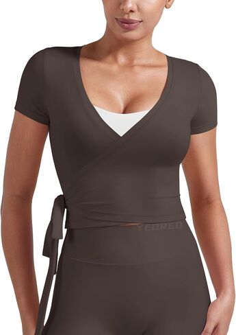 YEOREO Ease Women Pilates Wrap Top Short Sleeve Tie Ballet Shirt Y2k Deep V Neck Yoga Workout Tops in Kuwait