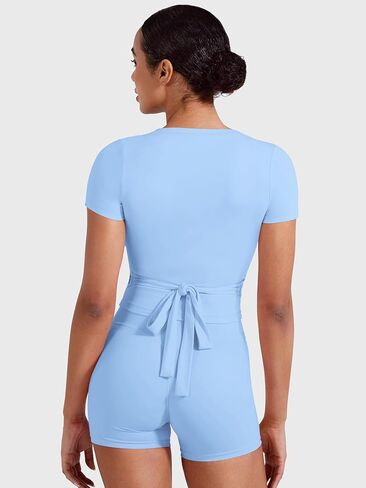 YEOREO Ease Women Pilates Wrap Top Short Sleeve Tie Ballet Shirt Y2k Deep V Neck Yoga Workout Tops in Kuwait