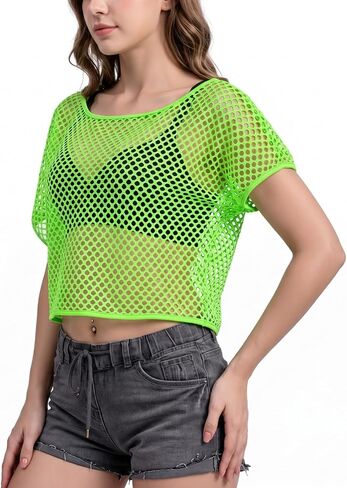 Neon Mesh Top for Women, Fishnet Shirt, Neon Rave Outfits for Festival Club Disco Party in Kuwait