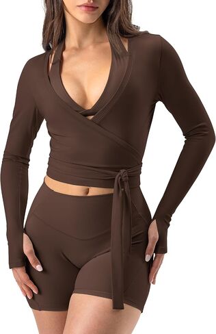 AVGO Women Pilates Wrap Top Tie Dance Shirt Ballet Yoga Tee Long Sleeve V Neck Cropped Tops Active Blouses with Thumb Holes in Saudi Arabia