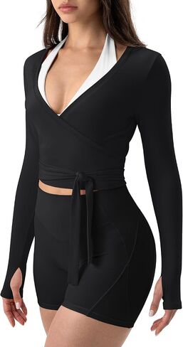 AVGO Women Pilates Wrap Top Tie Dance Shirt Ballet Yoga Tee Long Sleeve V Neck Cropped Tops Active Blouses with Thumb Holes in Saudi Arabia