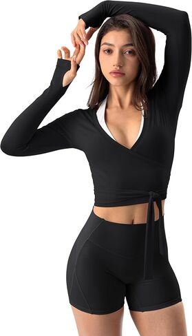 AVGO Women Pilates Wrap Top Tie Dance Shirt Ballet Yoga Tee Long Sleeve V Neck Cropped Tops Active Blouses with Thumb Holes in Saudi Arabia