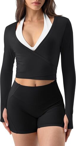 AVGO Women Pilates Wrap Top Tie Dance Shirt Ballet Yoga Tee Long Sleeve V Neck Cropped Tops Active Blouses with Thumb Holes in Saudi Arabia