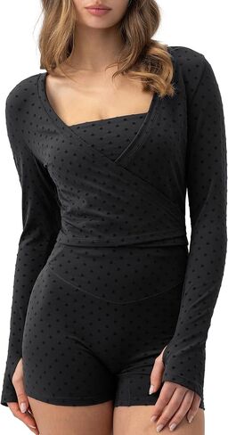 AVGO Women Pilates Wrap Top Tie Dance Shirt Ballet Yoga Tee Long Sleeve V Neck Cropped Tops Active Blouses with Thumb Holes in Saudi Arabia