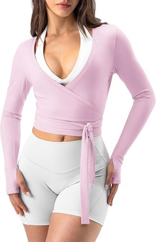 AVGO Women Pilates Wrap Top Tie Dance Shirt Ballet Yoga Tee Long Sleeve V Neck Cropped Tops Active Blouses with Thumb Holes in Saudi Arabia