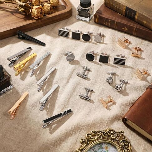 24Pcs Men's Cufflinks and Tie Clips Set, Classic Tone Cuff Links Necktie Bar Clips for Business Shirts Tuxedo Wedding Groom Elegant Gift in Kuwait