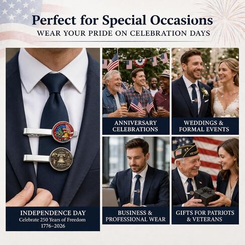 2 Pack U.S. 250th Anniversary Tie Clips for Men, 1776–2026 Patriotic American Flag & Vintage Eagle Designs, Zinc Alloy with Crystal Glass, Formal Business Wedding Tie Bars Gift in Saudi Arabia