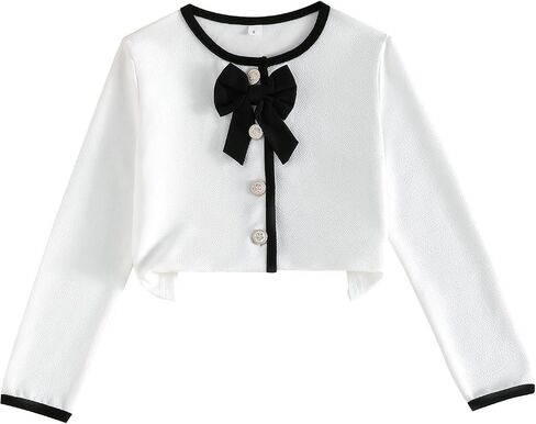 Girls Cardigan Cropped Long Sleeve Crewneck Button Down Sweater with Bow in Kuwait