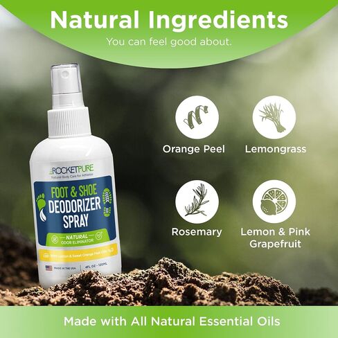 Rocket Pure Natural Foot and Shoe Deodorizer Spray, Deodorant and Odor Eliminator for Smelly Feet, Smell Remover, Formulated with Essential Oils, Made in the USA, Lemon, 4 fl oz in Saudi Arabia