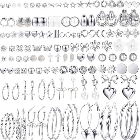 75 Pairs Gold Stud Earrings Set for Women, Trendy Hypoallergenic Pearl Cubic Zirconia Multiple Piercings Earrings Packs, Stud Hoops Earrings for Gift Jewelry in Kuwait