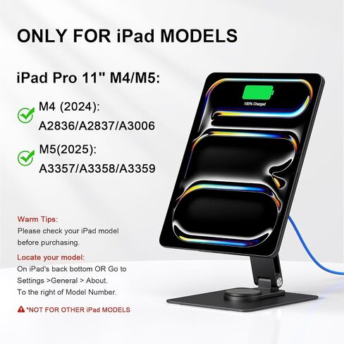 Magnetic iPad Stand with Wireless Charging 18W, 360° Rotating Aluminum Tablet Holder for iPad Pro M4 11-inch, Adjustable Desk Mount Series (M4-11inch) in Saudi Arabia
