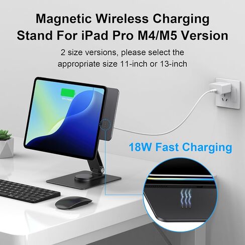 Magnetic iPad Stand with Wireless Charging 18W, 360° Rotating Aluminum Tablet Holder for iPad Pro M4 11-inch, Adjustable Desk Mount Series (M4-11inch) in Saudi Arabia