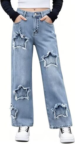 Girls Jeans High Waisted Wide Leg Baggy Denim Pants with Bow/Star/Ripped Decor for Kids 7-13 Years in Kuwait