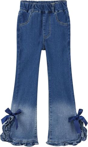 Girls Flare Jeans Elastic Waist Bowknot Denim Pants Fashion Bell Bottom Trousers Split Hem Long Jeans 5-13 Years in Saudi Arabia