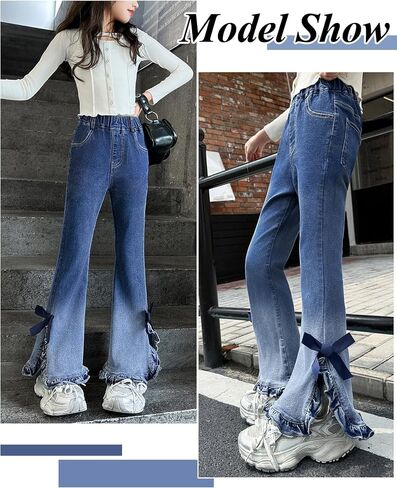 Girls Flare Jeans Elastic Waist Bowknot Denim Pants Fashion Bell Bottom Trousers Split Hem Long Jeans 5-13 Years in Saudi Arabia