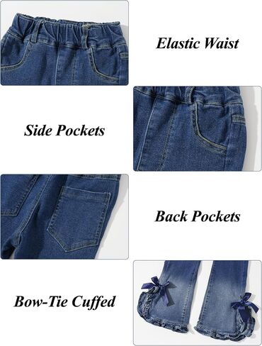 Girls Flare Jeans Elastic Waist Bowknot Denim Pants Fashion Bell Bottom Trousers Split Hem Long Jeans 5-13 Years in Saudi Arabia