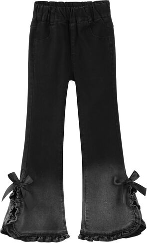 Girls Flare Jeans Elastic Waist Bowknot Denim Pants Fashion Bell Bottom Trousers Split Hem Long Jeans 5-13 Years in Saudi Arabia