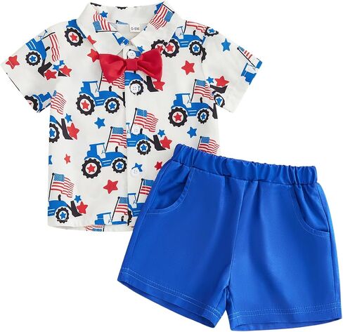 4th of July Baby Boy Outfit Toddler USA Flag Tractor Short Sleeve Button Down Shirt Shorts Set Patriotic Clothes in Saudi Arabia