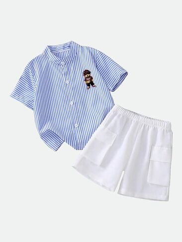 Boy's blue and white striped short sleeved shirt with teddy bear print and white shorts pocket design in Kuwait