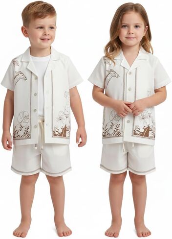 Boys & Girls Printed Poplin Cotton Summer Outfit Set– Shirt & Shorts Clothing Set for Kids in Kuwait