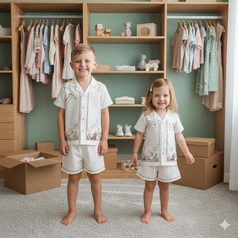 Boys & Girls Printed Poplin Cotton Summer Outfit Set– Shirt & Shorts Clothing Set for Kids in Kuwait