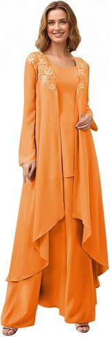 3 Pieces Chiffon Mother of The Bride Pant Suits Formal Wedding Guest Outfit with Lace Applique Jacket WT030 in Saudi Arabia
