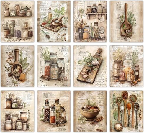 FLORIXA Vintage Kitchen Herbs Wall Art Prints, 8 x 10 Inch Unframed Set of 12 – Botanical Herb Illustrations for Kitchen Dining Room Restaurant Decor, Gift for Chef Cook in Saudi Arabia