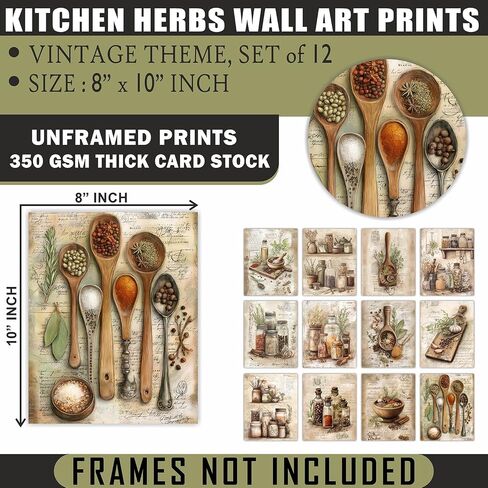 FLORIXA Vintage Kitchen Herbs Wall Art Prints, 8 x 10 Inch Unframed Set of 12 – Botanical Herb Illustrations for Kitchen Dining Room Restaurant Decor, Gift for Chef Cook in Saudi Arabia