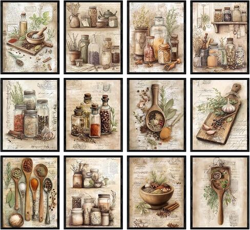 FLORIXA Vintage Kitchen Herbs Wall Art Prints, 8 x 10 Inch Unframed Set of 12 – Botanical Herb Illustrations for Kitchen Dining Room Restaurant Decor, Gift for Chef Cook in Saudi Arabia