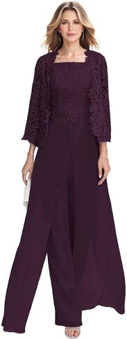 3 Pieces Chiffon Mother of The Bride Pant Suits Dressy Jumpsuit Formal Wedding Guest Outfit with Lace Jacket HX030 in Saudi Arabia