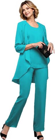 3 Pieces Mother of The Bride Pant Suits for Wedding Chiffon Formal Wedding Guest Outfits with Jacket HX033 in Saudi Arabia