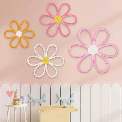 Ganeen Boho Nursery Woven Daisy Flowers Daisy Wall Decor Nursery Decor Macrame Wall Hanging Supply for Girl Bohemian Art Home Bedroom Room Flowers Set of 4(Cute Color,6 Petals) in Kuwait