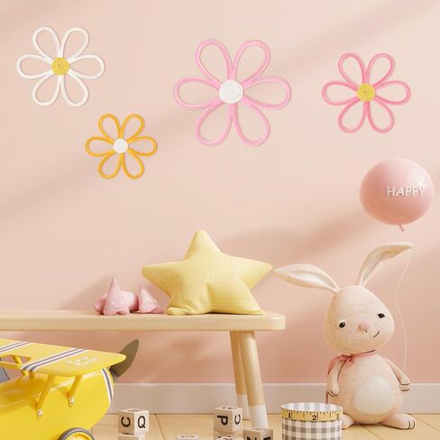 Ganeen Boho Nursery Woven Daisy Flowers Daisy Wall Decor Nursery Decor Macrame Wall Hanging Supply for Girl Bohemian Art Home Bedroom Room Flowers Set of 4(Cute Color,6 Petals) in Kuwait