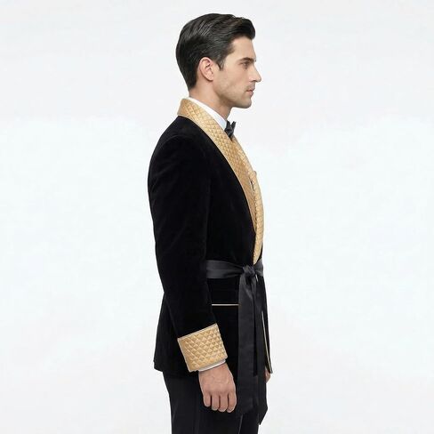 Luxury Velvet Smoking Jacket, Black with Gold Quilted Lapels, Custom Tailored Fit in Saudi Arabia